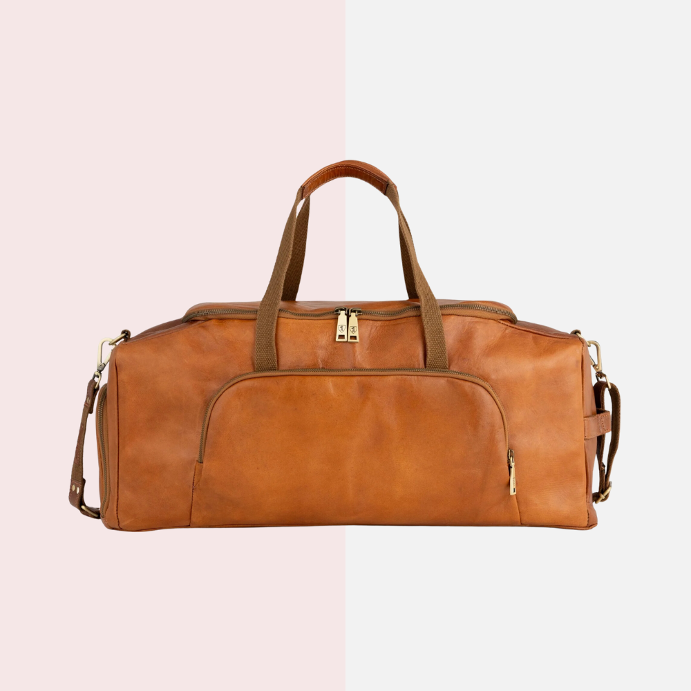 Tan Brown Leather Weekender Bag