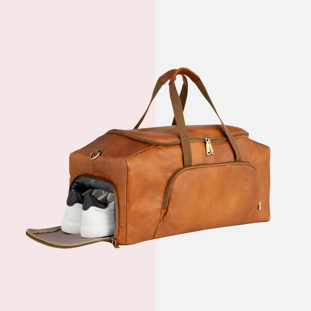 Tan Brown Leather Weekender Bag