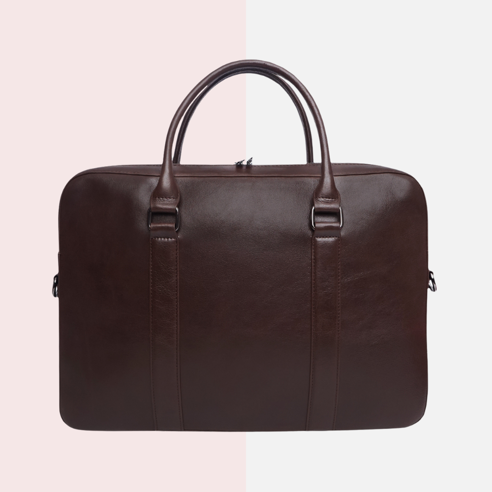 Chocolate Leather Laptop Backpack with Red Trim