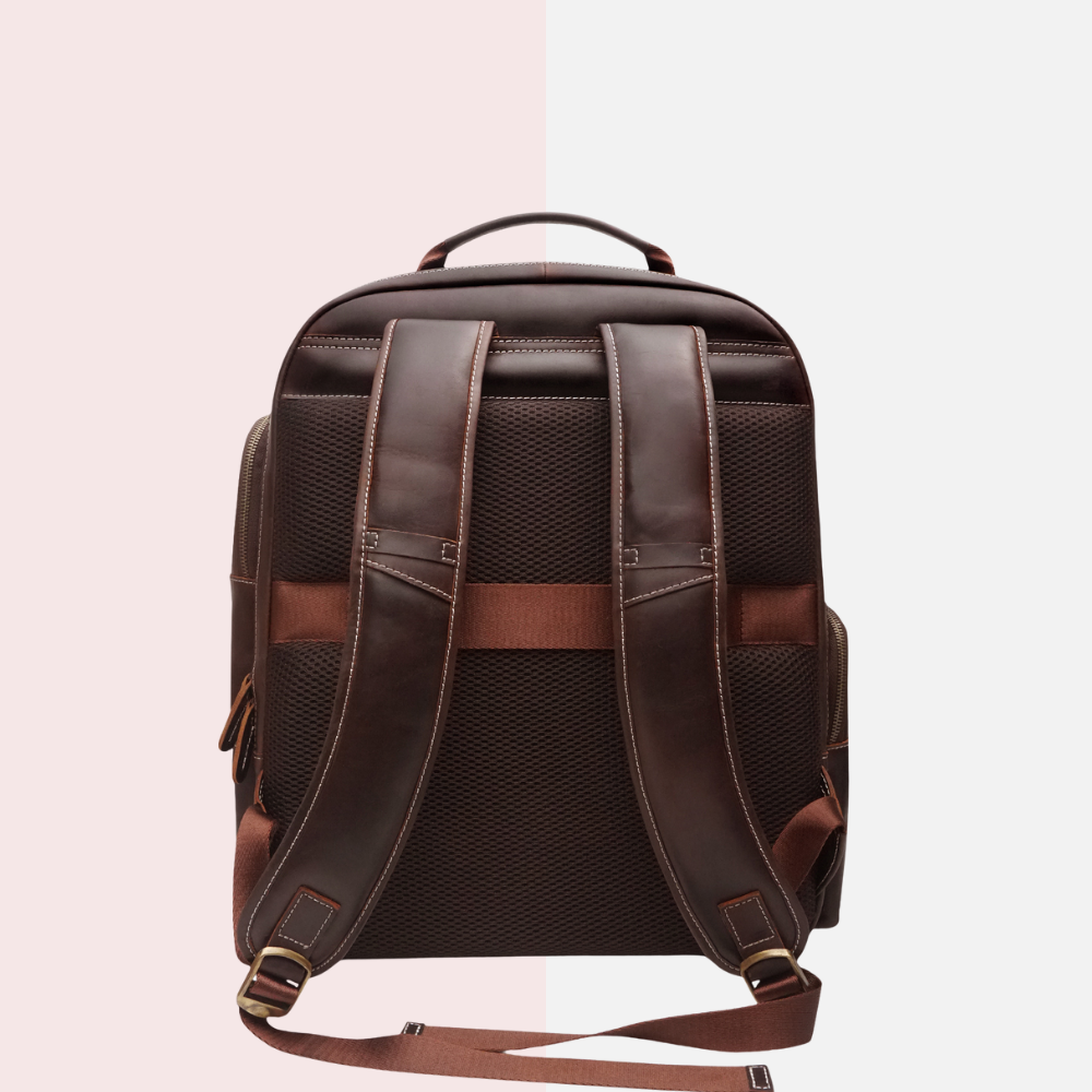 Dark Brown Leather Multi-Pocket Backpack