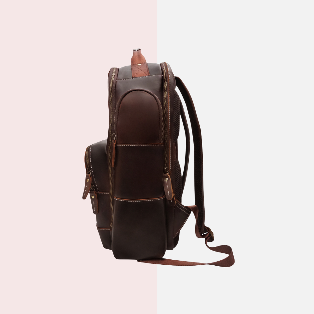 Dark Brown Leather Multi-Pocket Backpack