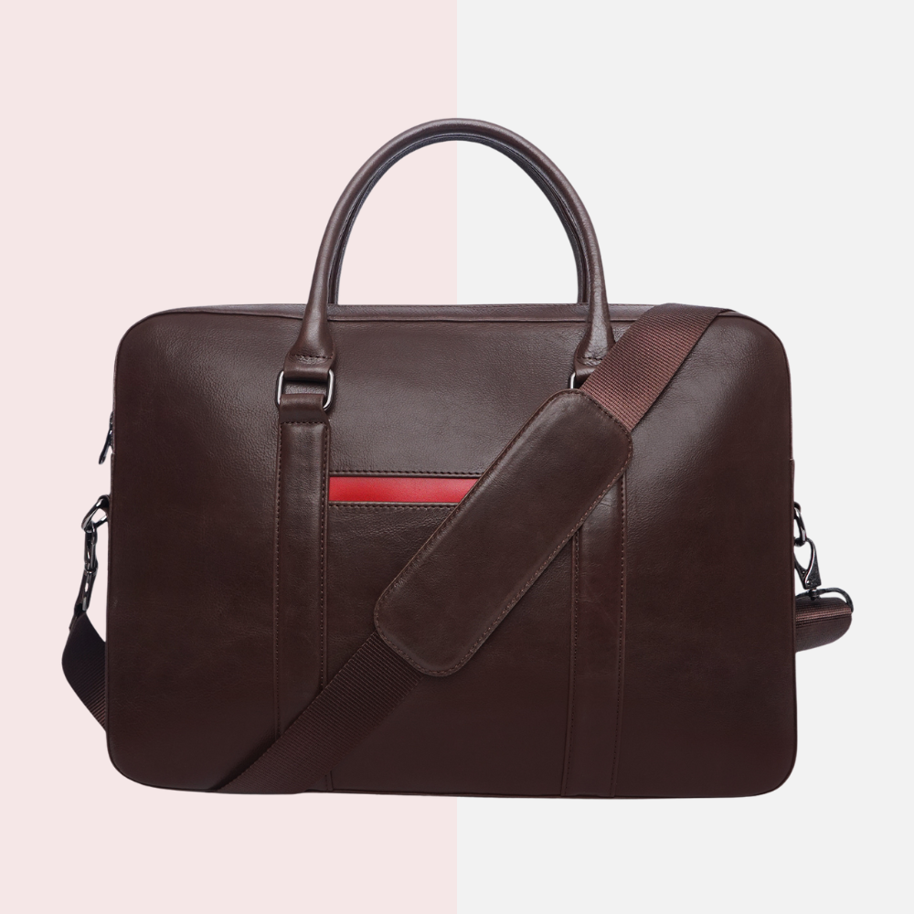 Chocolate Leather Laptop Backpack with Red Trim