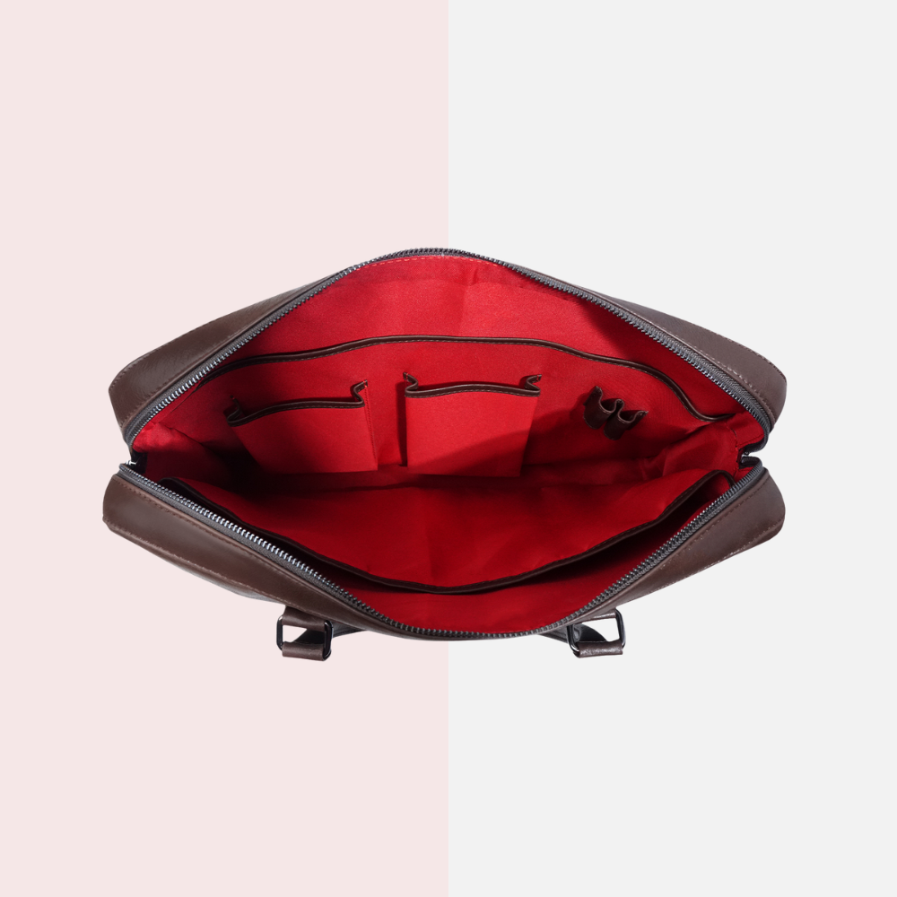 Chocolate Leather Laptop Backpack with Red Trim