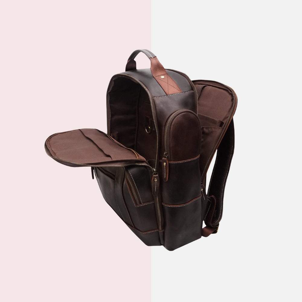 Dark Brown Leather Multi-Pocket Backpack