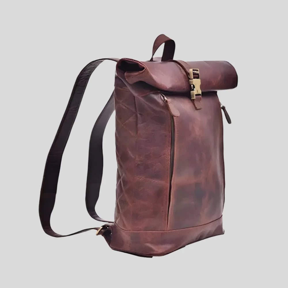 Roll-Top Brown Leather Backpack