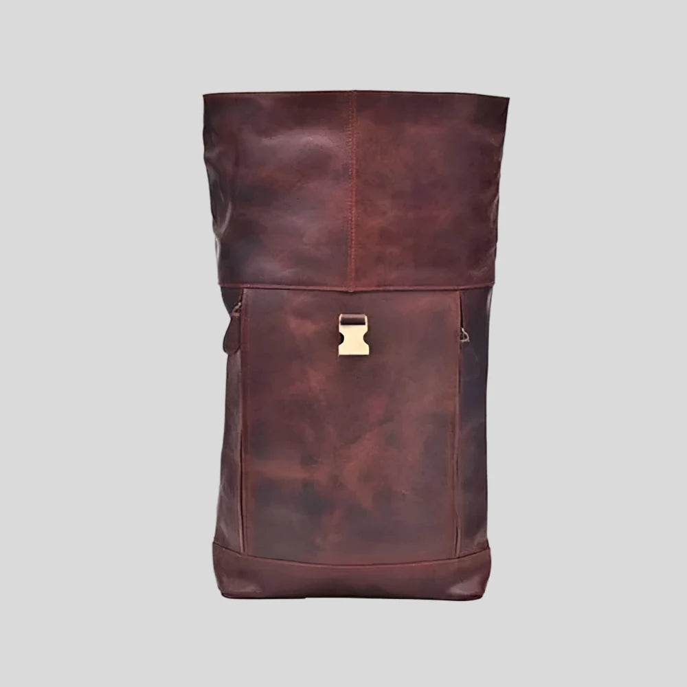 Roll-Top Brown Leather Backpack