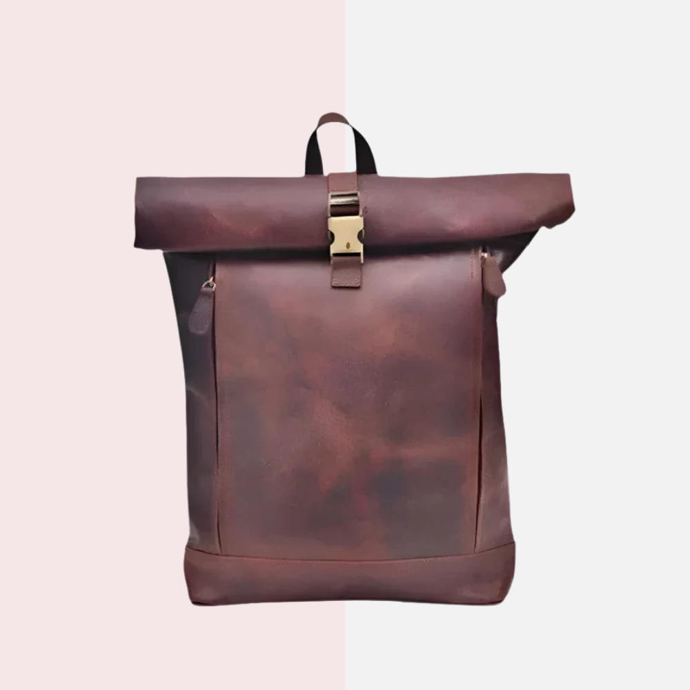 Roll-Top Brown Leather Backpack