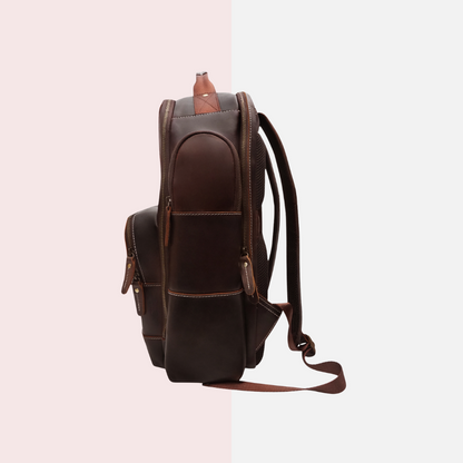 Dark Brown Leather Multi-Pocket Backpack