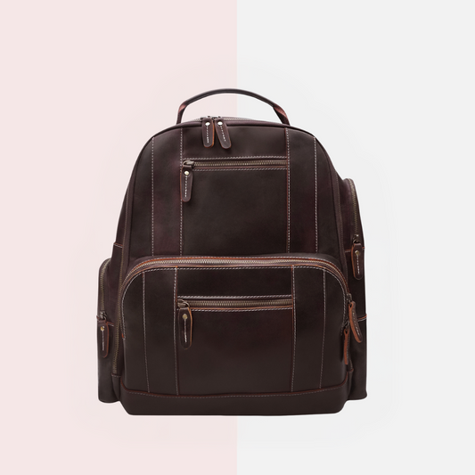 Dark Brown Leather Multi-Pocket Backpack