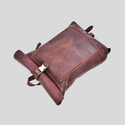 Roll-Top Brown Leather Backpack